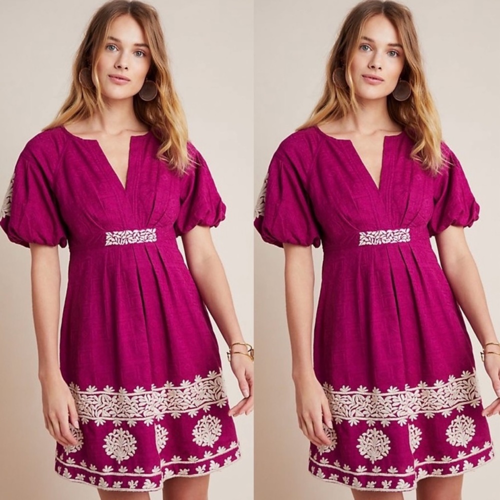 Anthropologie Magenta Embroidered Mini Dress